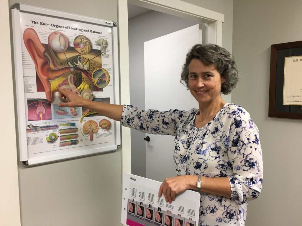 DR. SHELLEY A. CORBETT pointing at an illustration of an ear